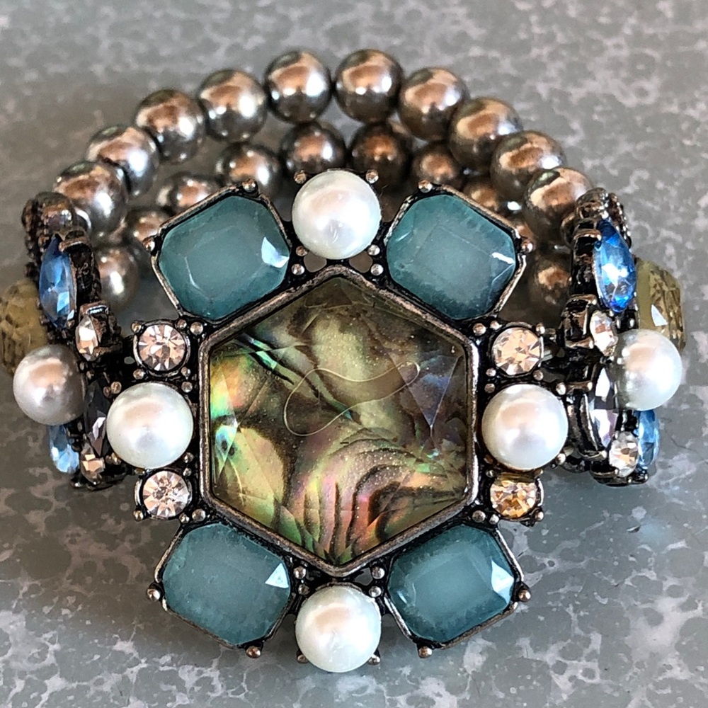 Pretty Faux Crystals and Pearls Silver ball beaded Stretch Bracelet